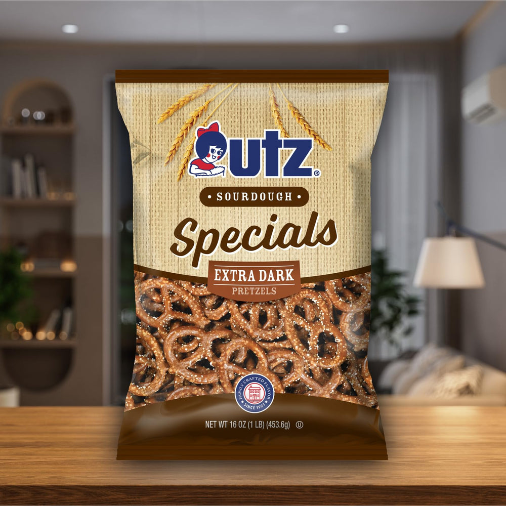 Utz Hanover Extra Dark Pretzels with dipping sauce, savory crunch