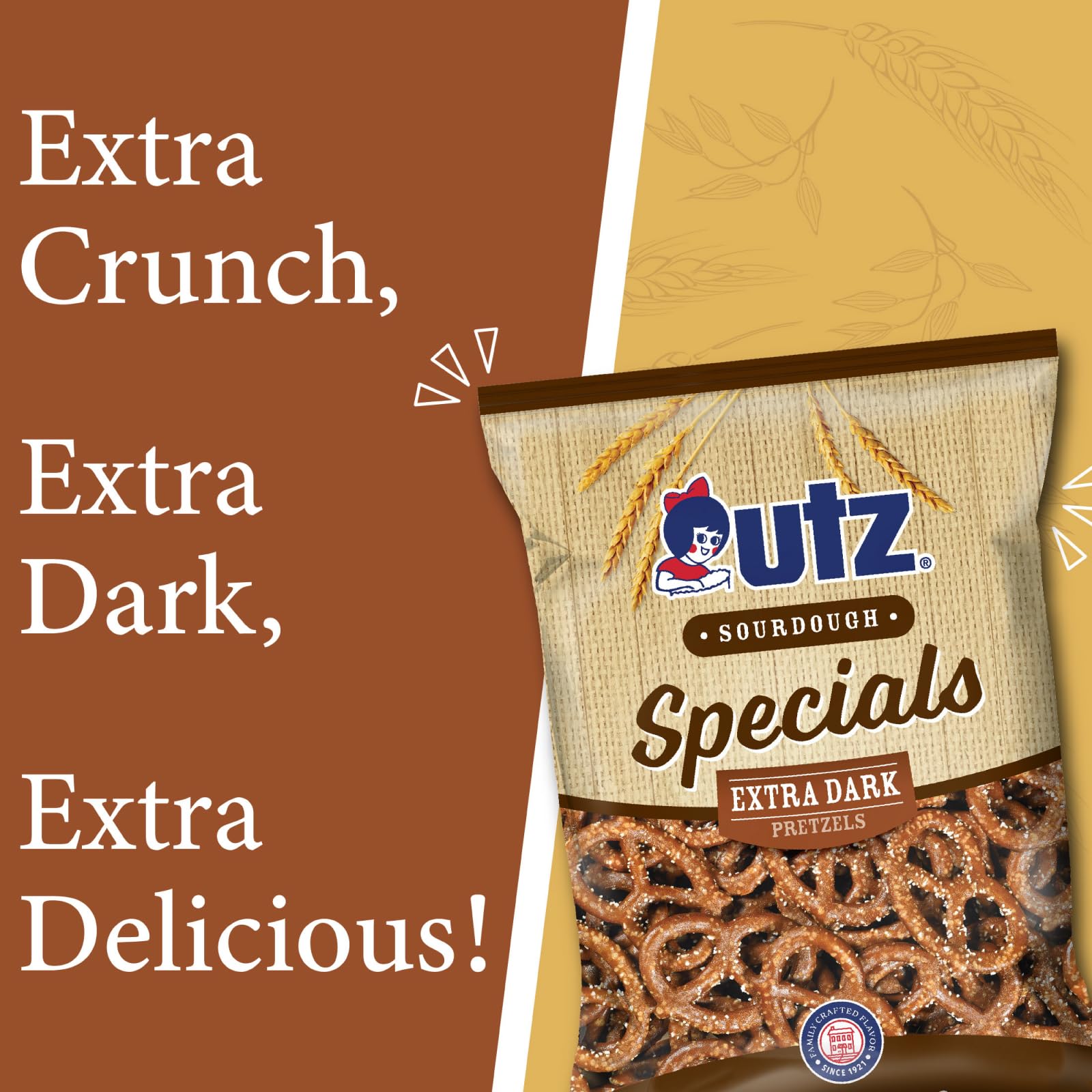 Utz Hanover Extra Dark Pretzels bag nutrition details closeup