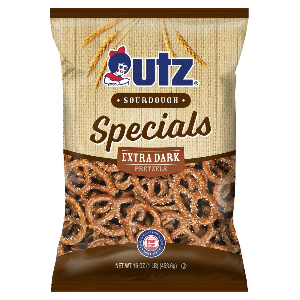 Utz Hanover Extra Dark Pretzels package closeup, trans fat-free snack option