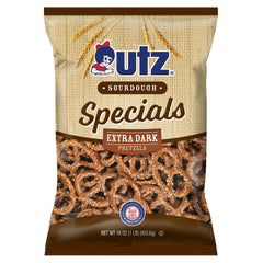 Utz Hanover Extra Dark Pretzels package closeup, trans fat-free snack option