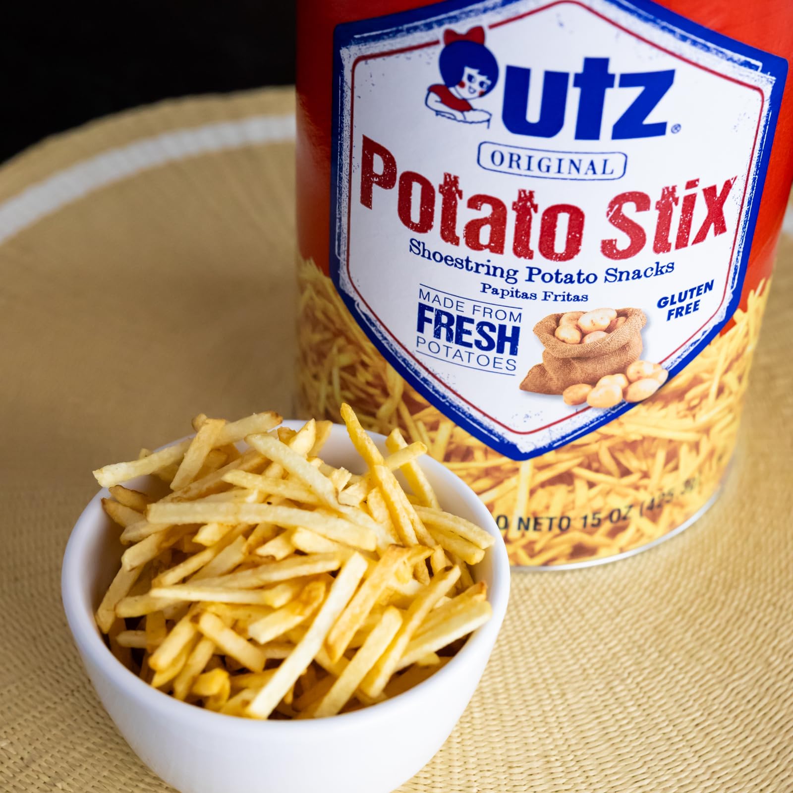 Utz Potato Stix Original gluten-free label on the canister.