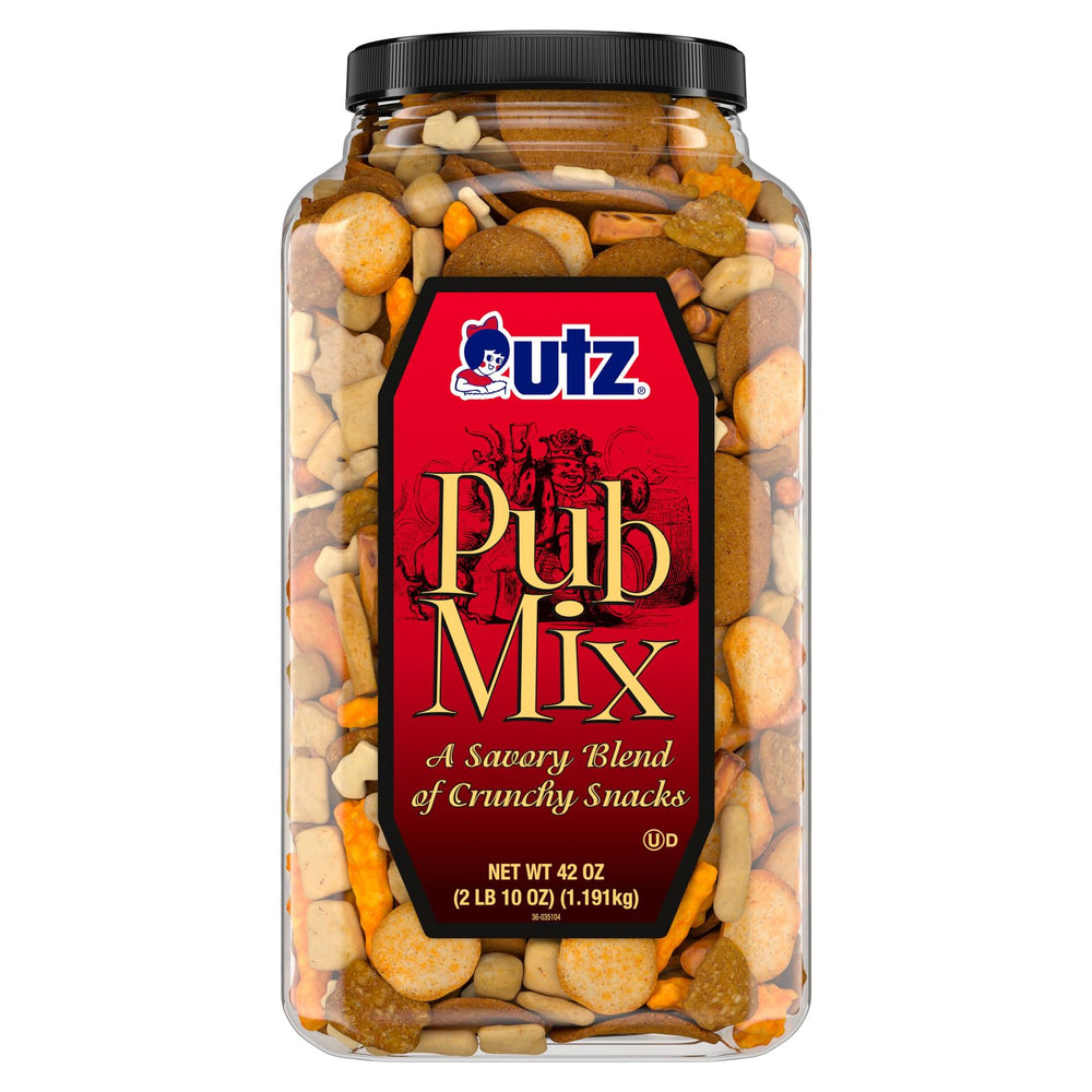 Utz Pub Mix front barrel view highlighting 42 oz size for parties and shared snacking