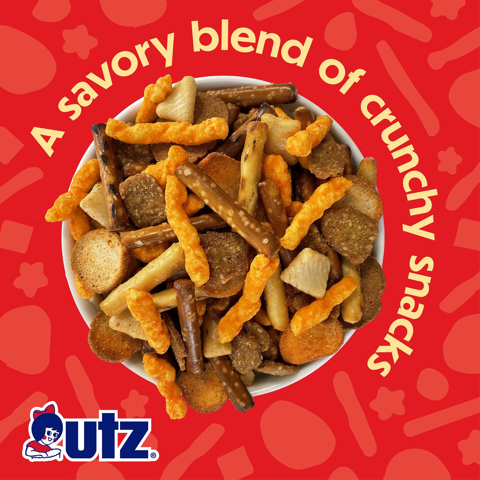 Utz Pub Mix Worcestershire rye bagel chips closeup suggesting bold, tangy notes for entertaining