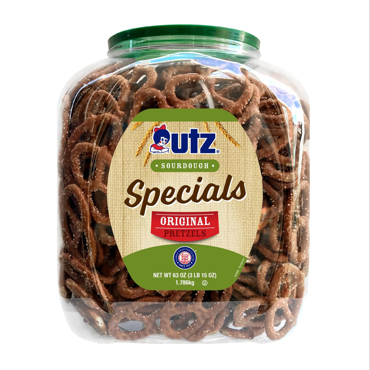 Utz Sourdough Specials barrel close-up, resealable container keeps pretzels fresh.