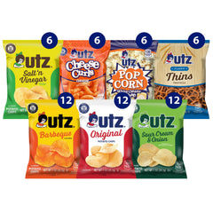 Utz Variety Pack shows six snack types, ideal for on-the-go snacking.