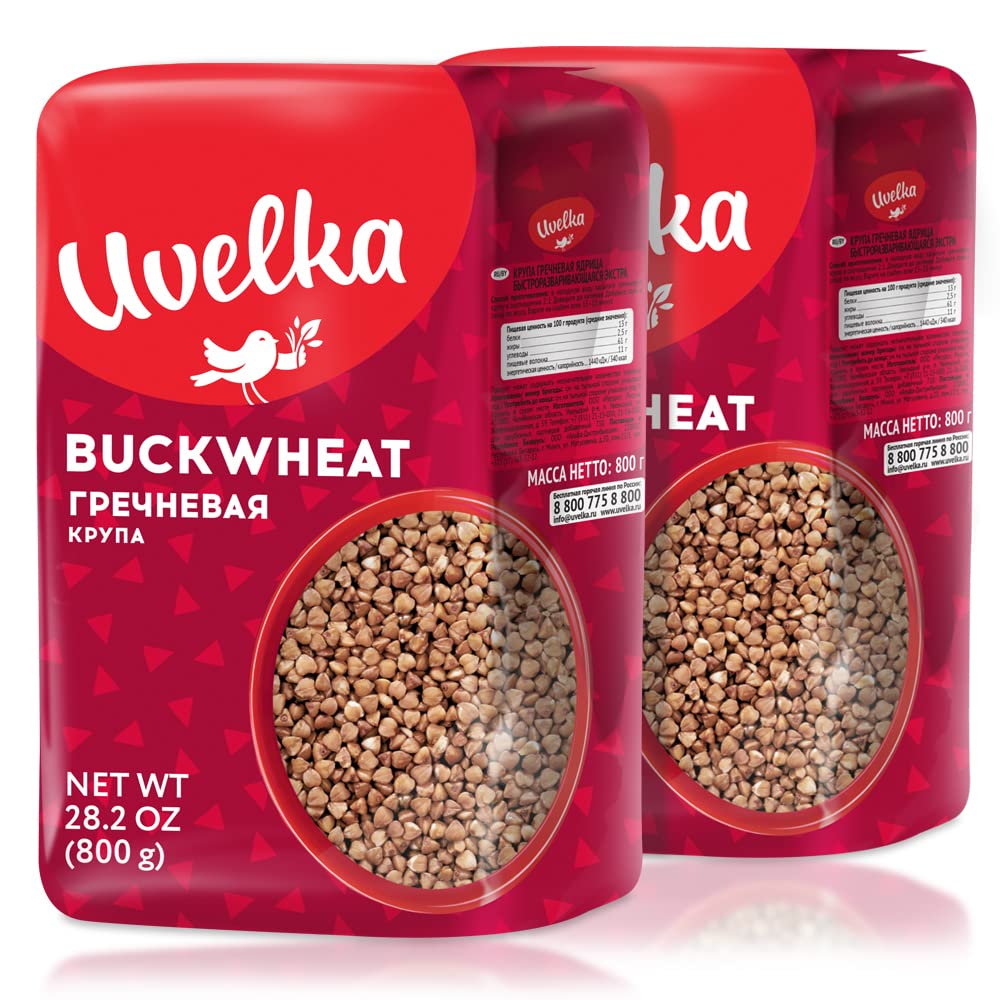 Uvelka buckwheat groats 800g pack front showing two-pack display for gluten-free meals