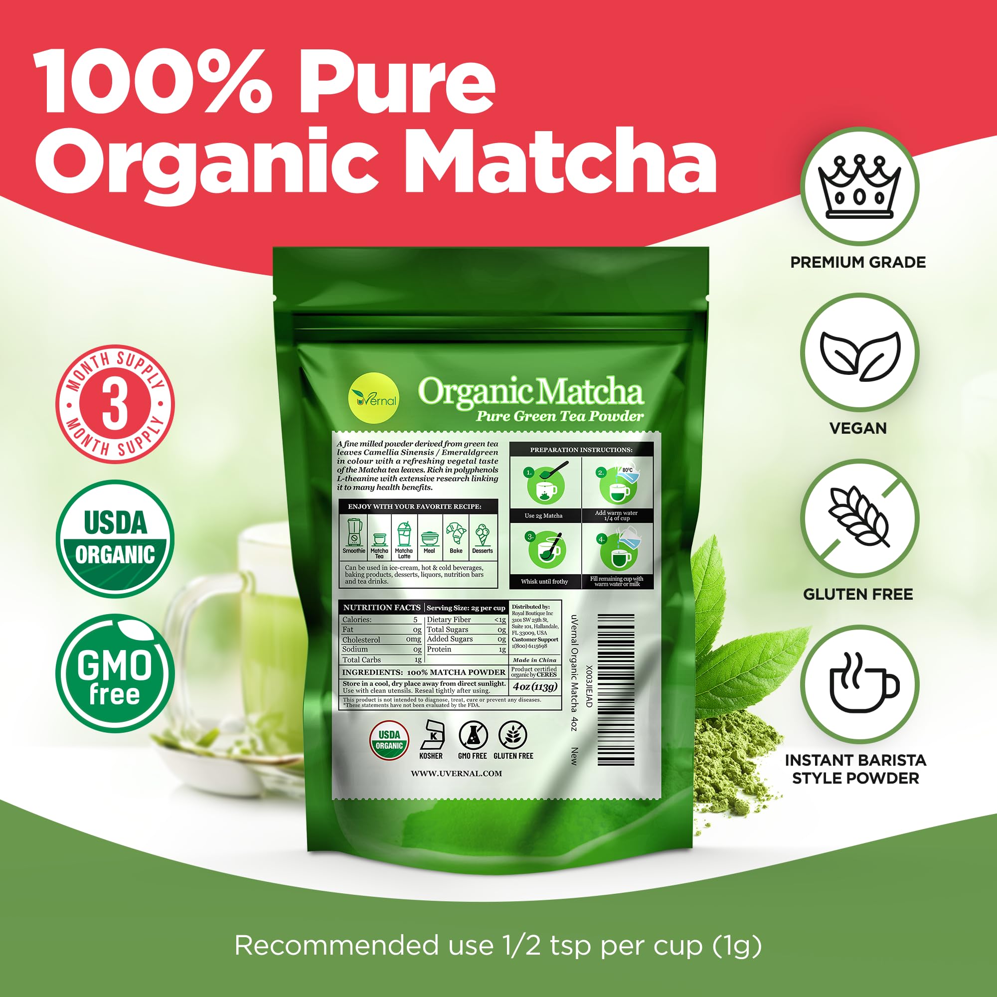 Uvernal matcha powder scoop ready for quick, flavorful drinks.
