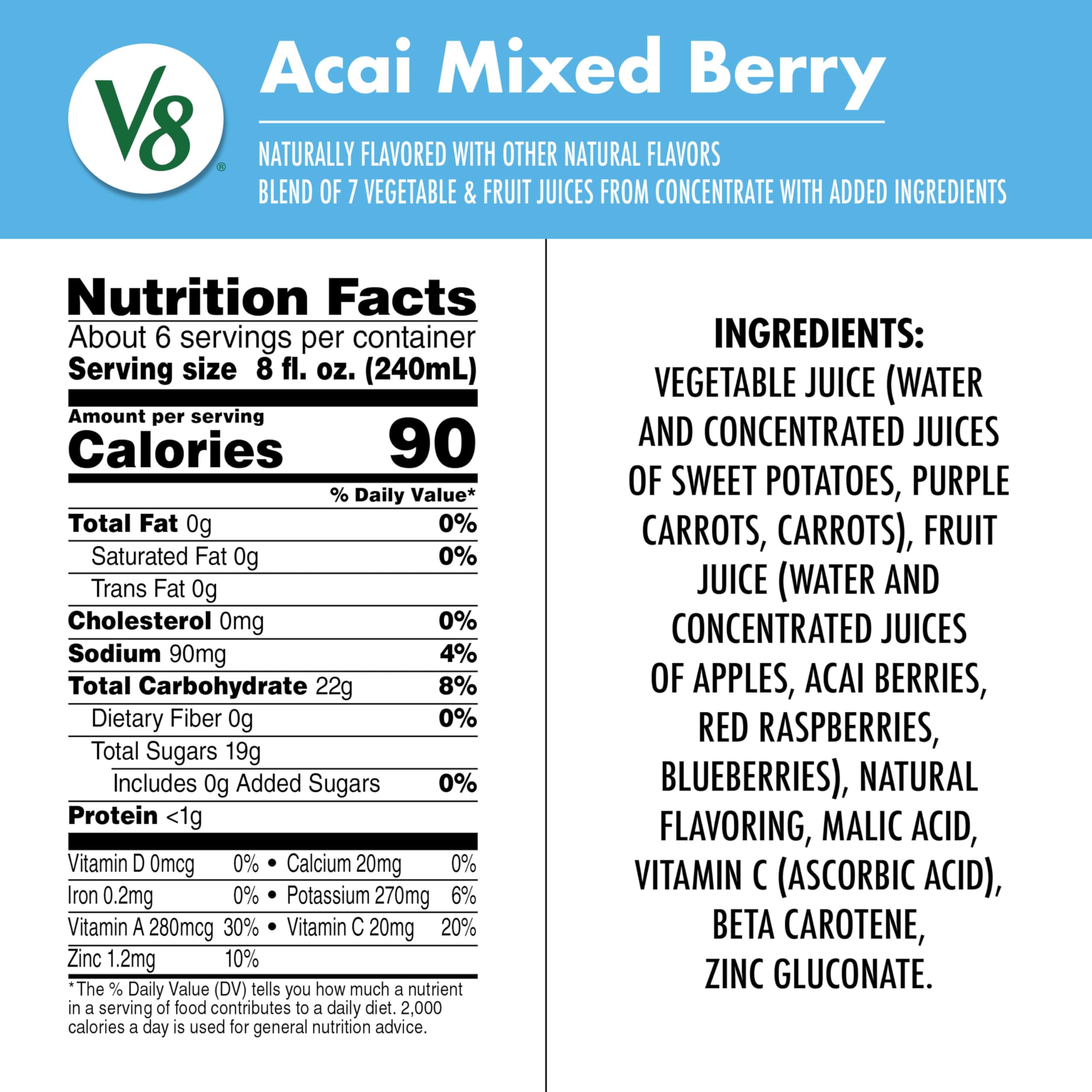 Close-up of V8 Acai Mixed Berry label showing fruit and veg blend