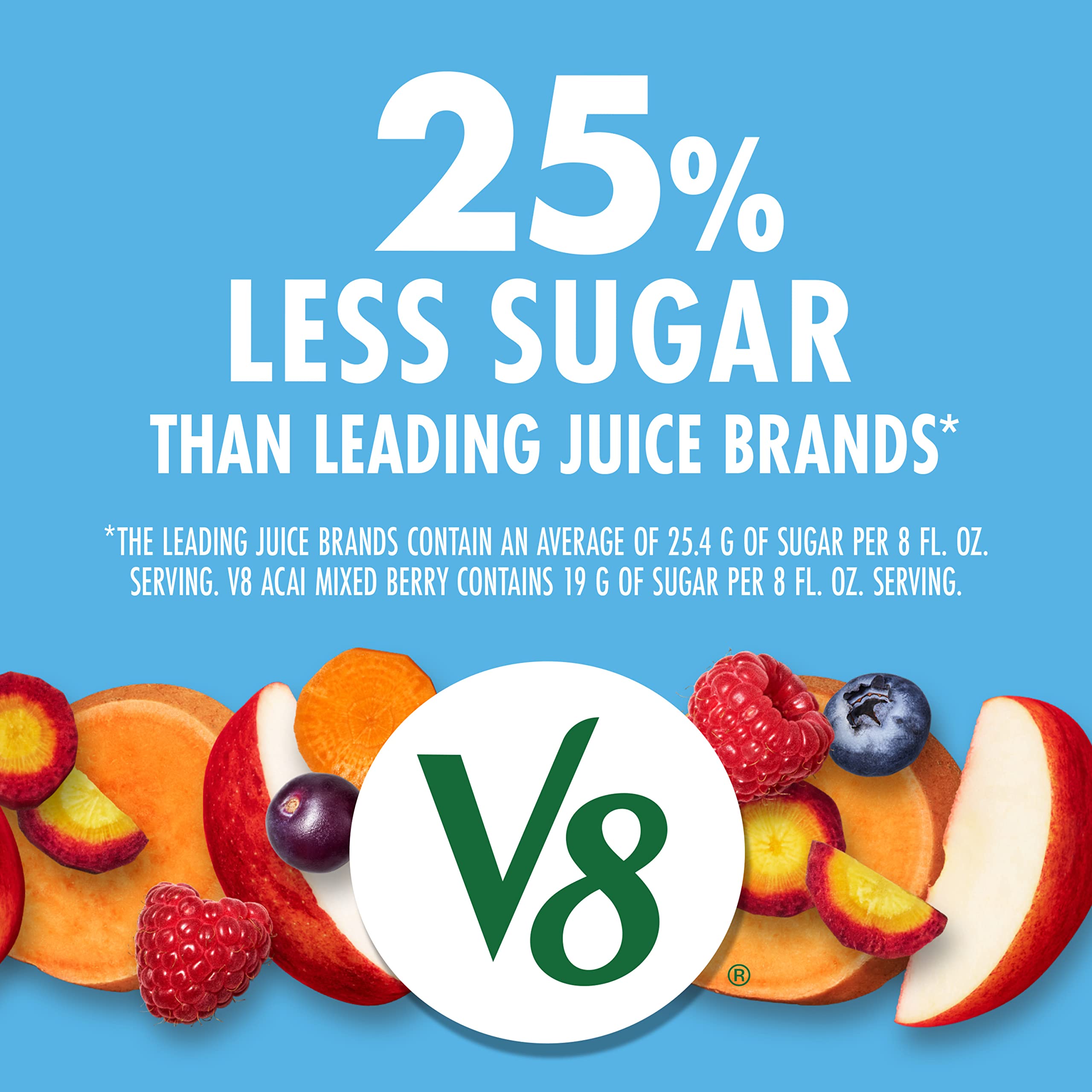 Close-up of V8 Acai Mixed Berry label detailing ingredients