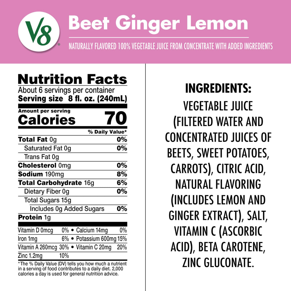 V8 Beet Ginger Lemon six-pack packaging for family wellness