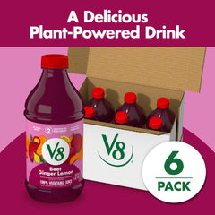 V8 Beet Ginger Lemon being poured into a glass over ice