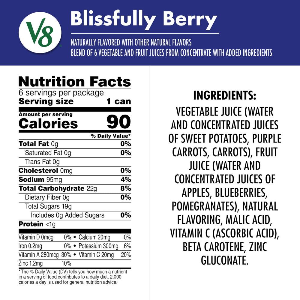 V8 Blissfully Berry can back panel highlights ingredients and vitamin info.