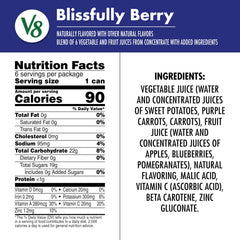 V8 Blissfully Berry bottle showing ingredients like apples and berries for a nutritious blend.