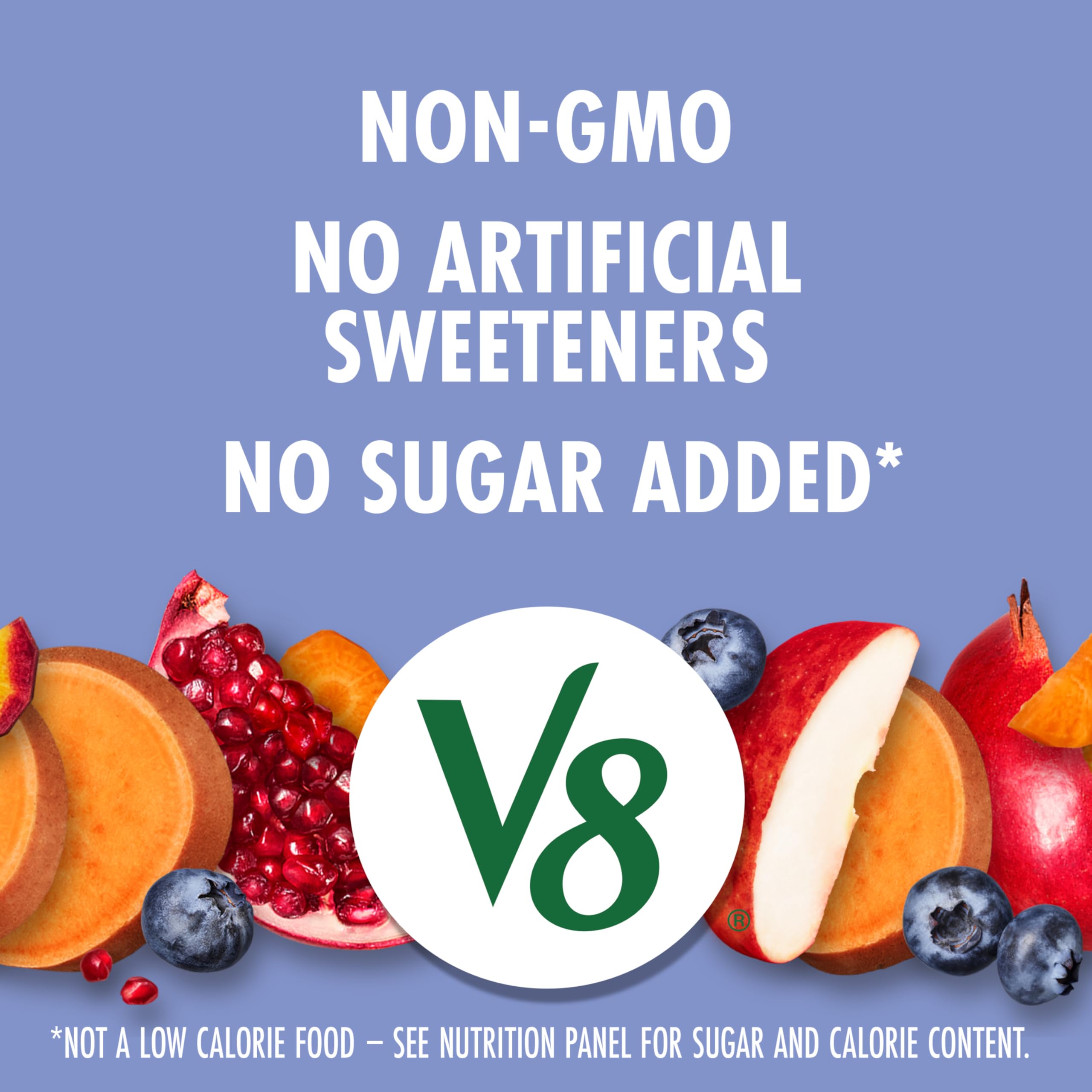 V8 Blissfully Berry ingredients panel shows apples, blueberries and carrots.