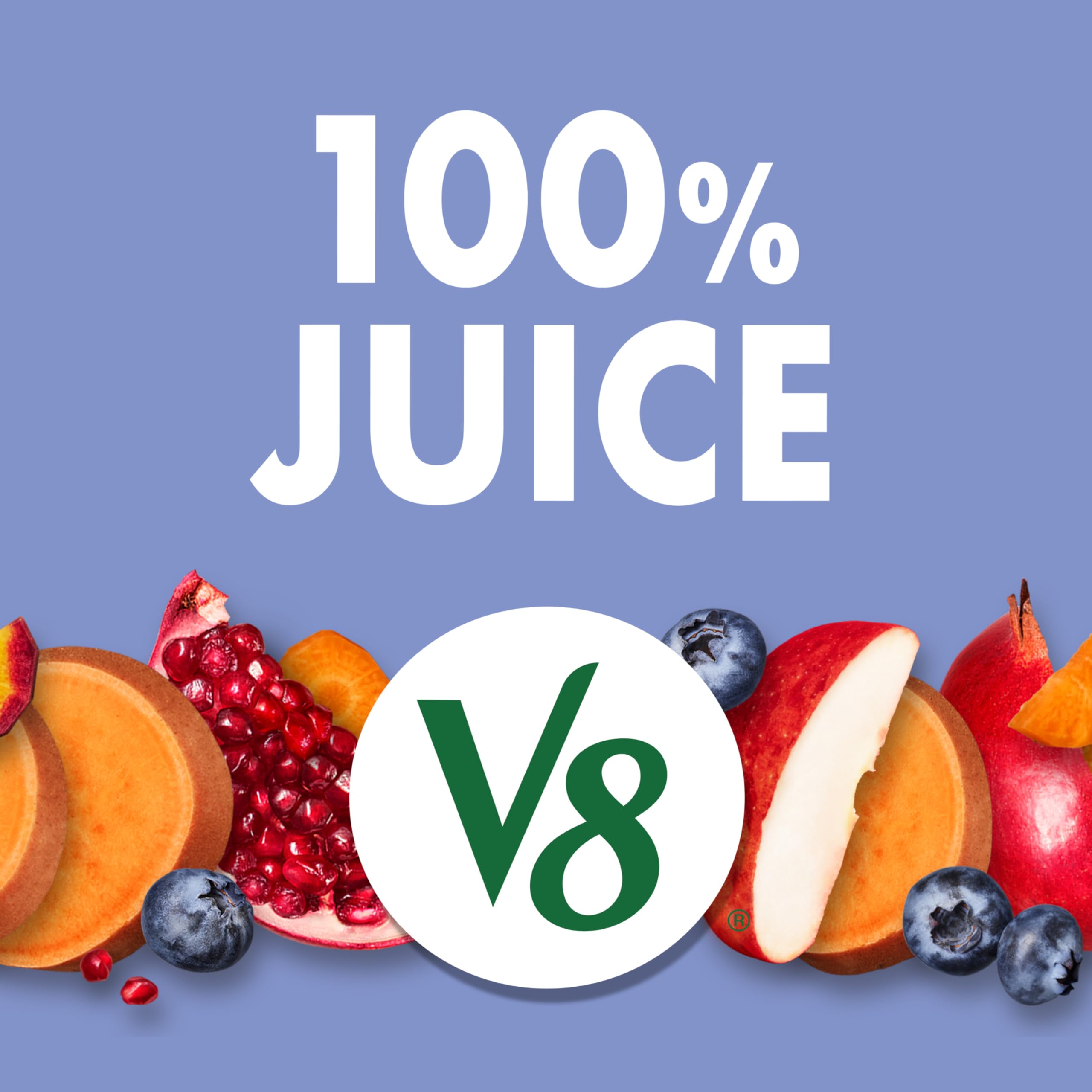 V8 Blissfully Berry ingredients visual shows potatoes, carrots, apples, berries.