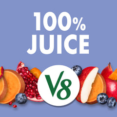 V8 Blissfully Berry ingredients visual shows potatoes, carrots, apples, berries.