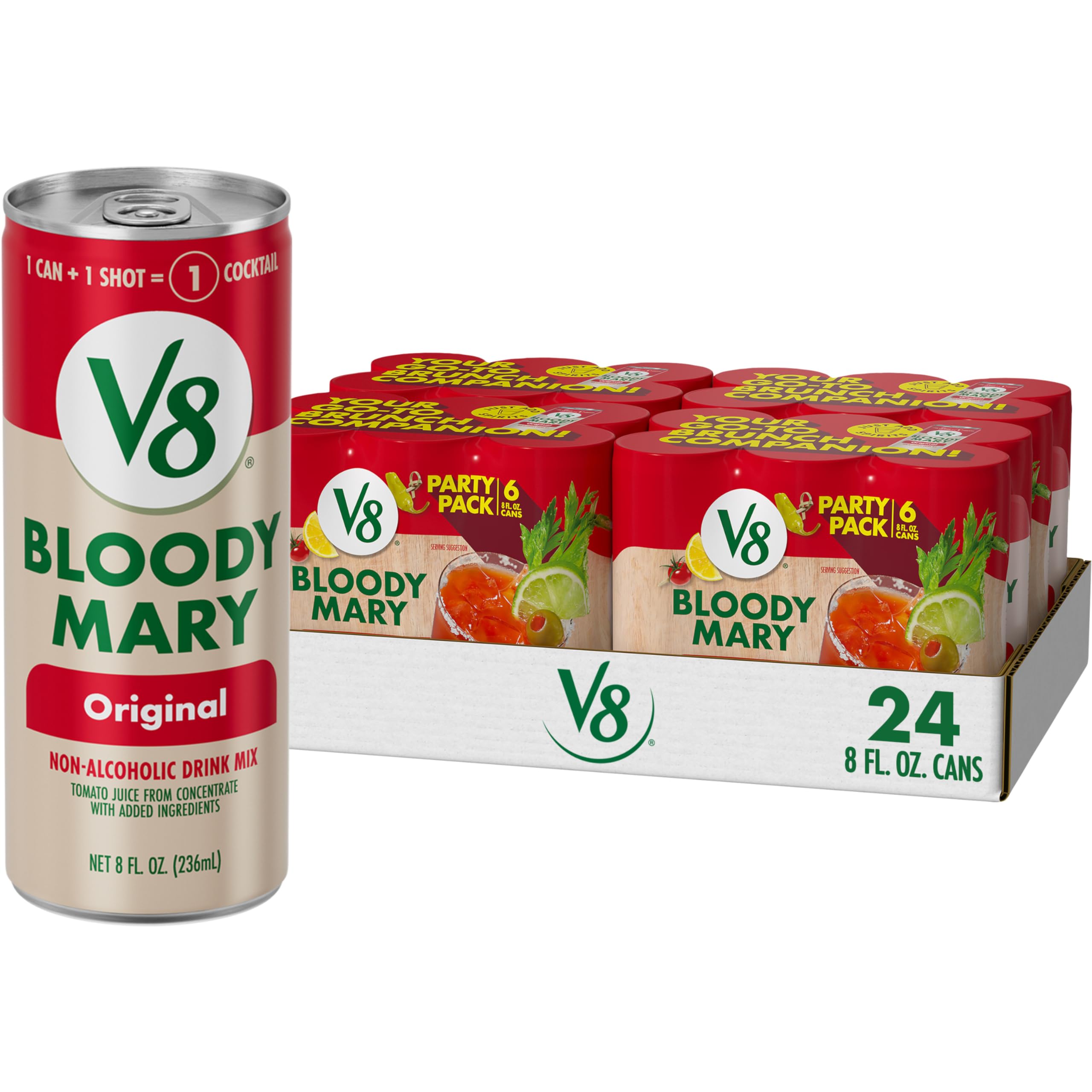 V8 Bloody Mary Mix can front view ideal for quick, flavorful brunch cocktails.
