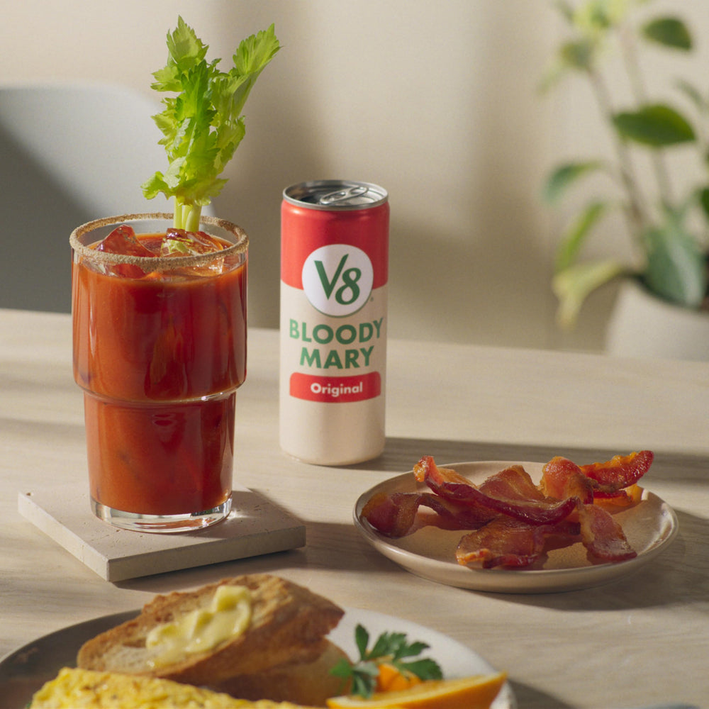 V8 Bloody Mary Mix spice blend close-up suggests bold flavor.