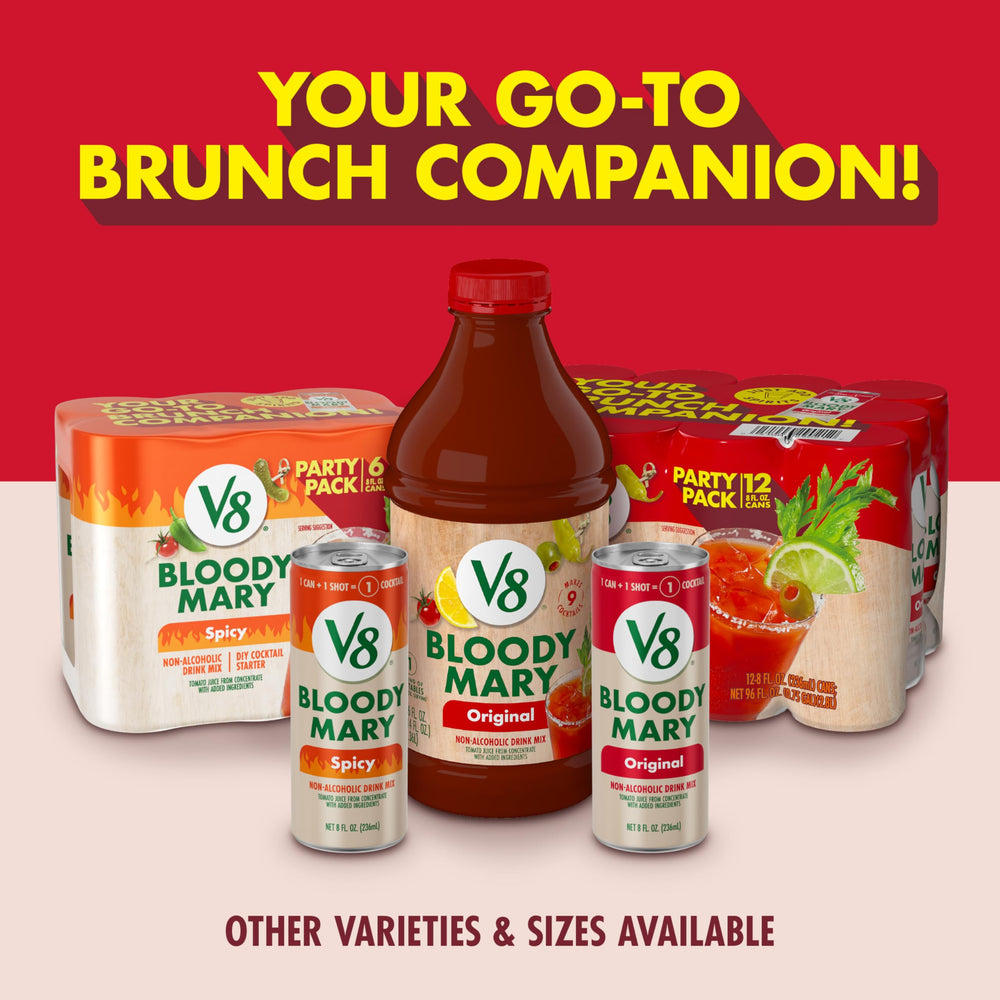 V8 Bloody Mary Mix storage image shows pantry-ready cans.