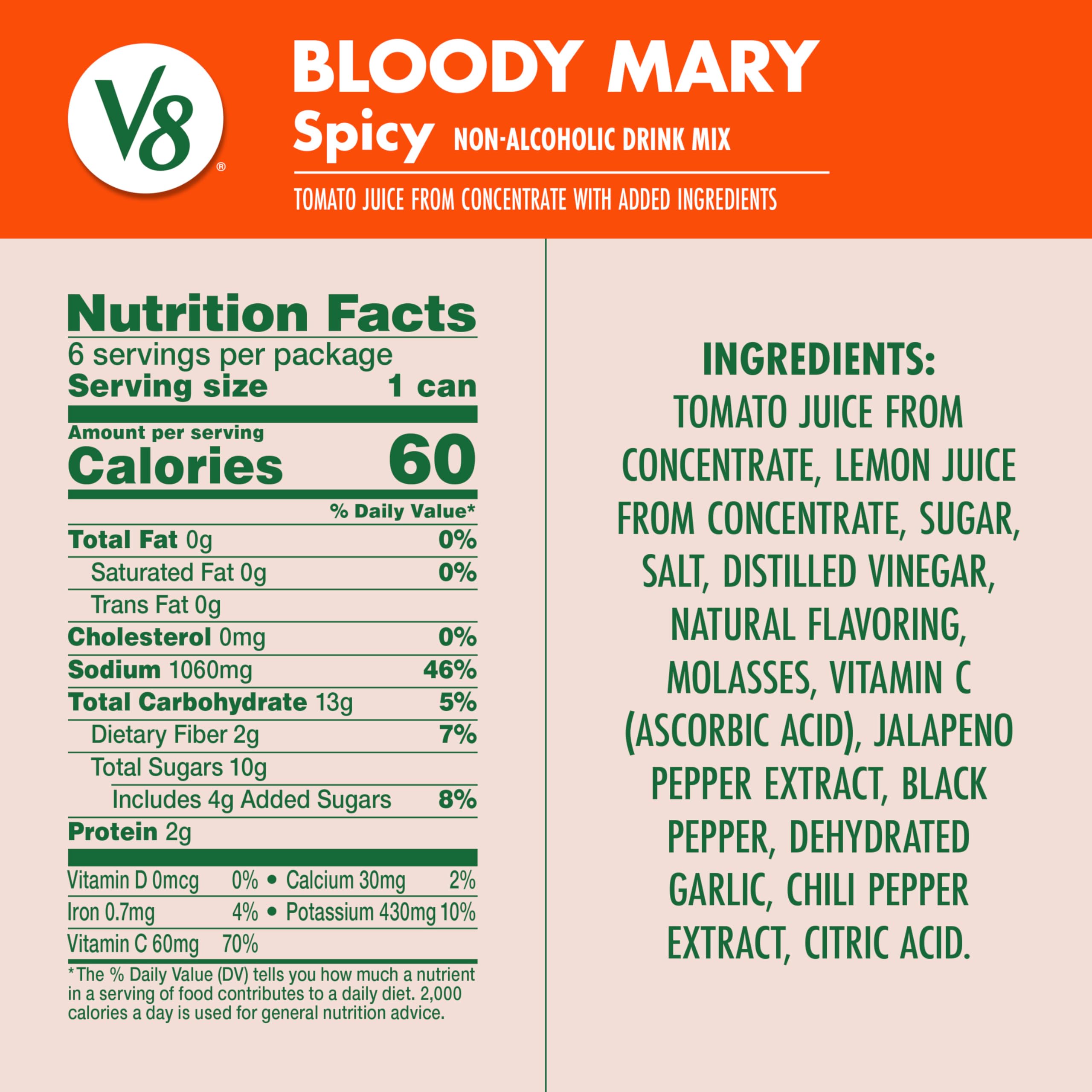 V8 Bloody Mary Spicy Mix bottle pour angle showing easy mixer for brunch cocktails.