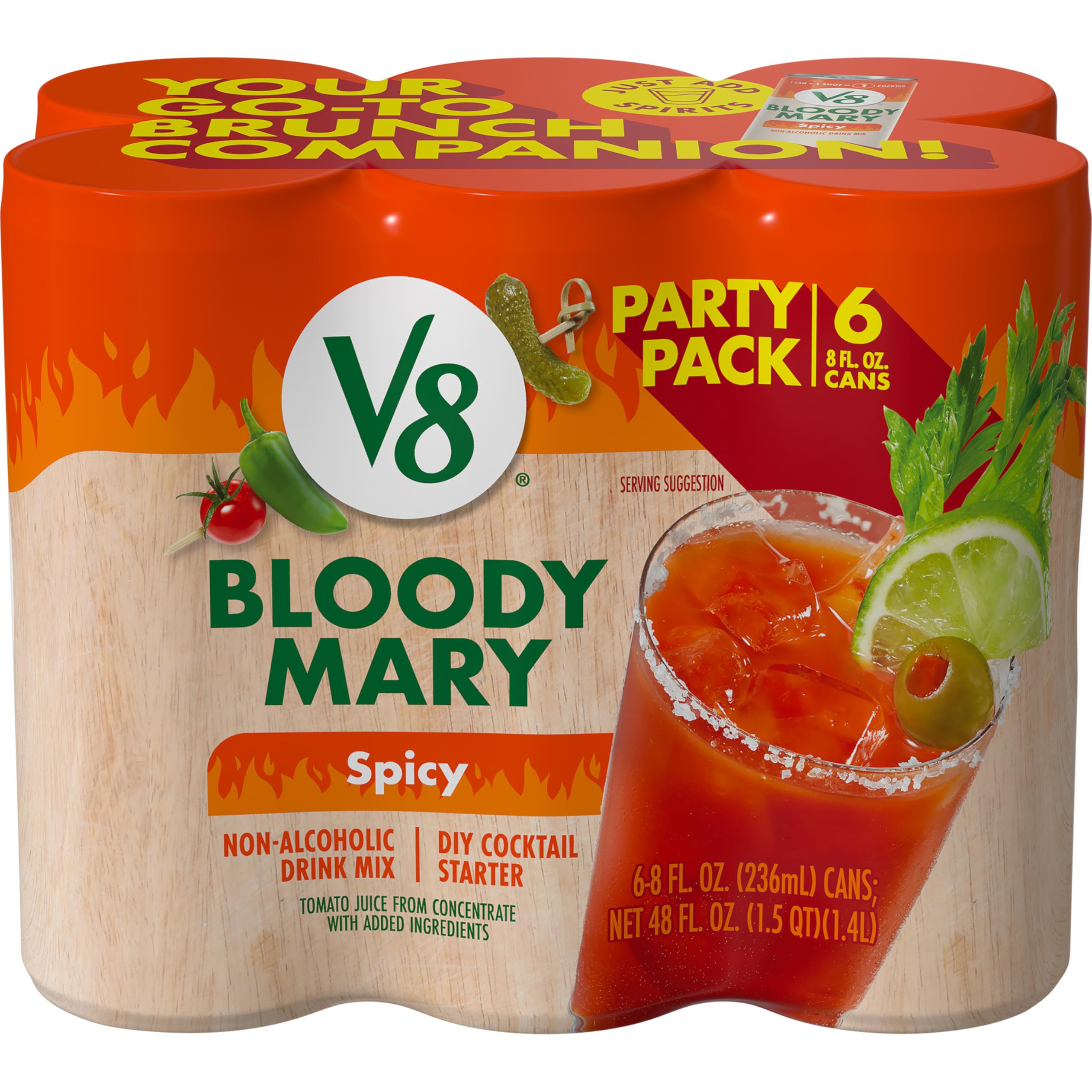V8 Bloody Mary Spicy Mix can side view for quick cocktail prep at gatherings.