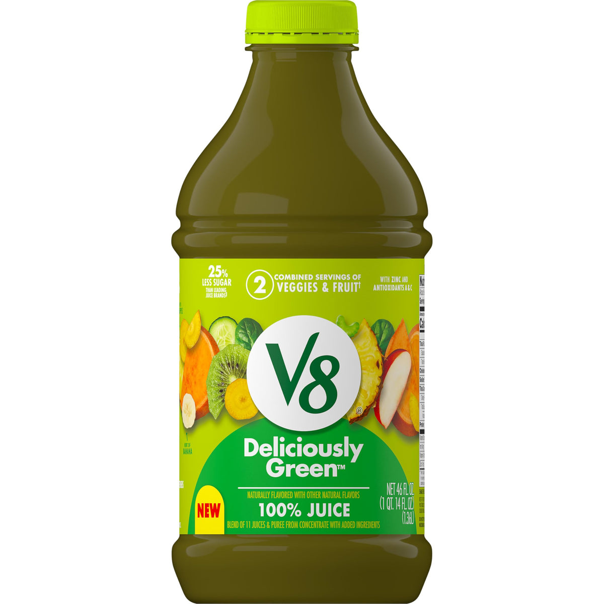 V8 Deliciously Green bottle front view, ideal for a quick veggie breakfast.