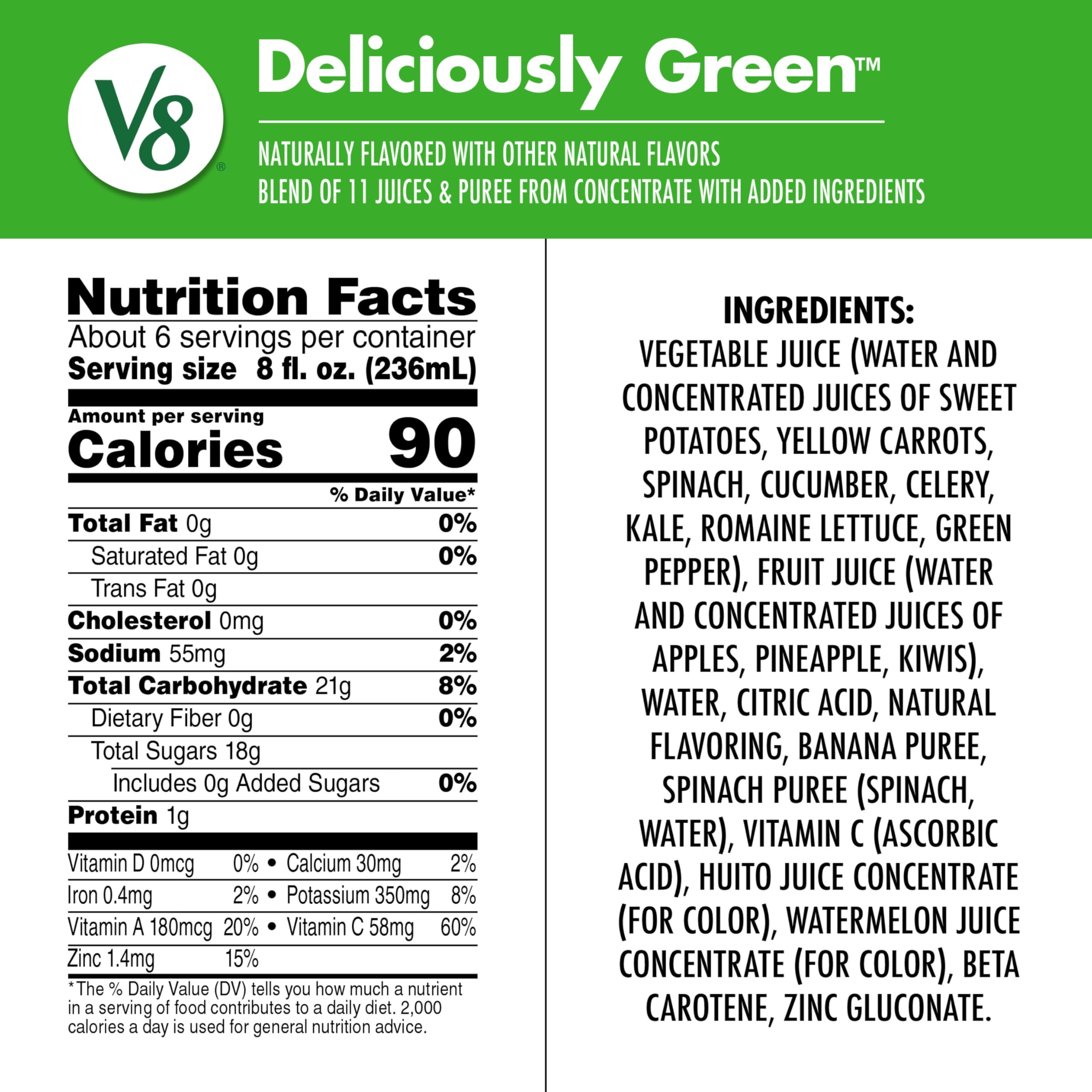 V8 Deliciously Green being poured into a glass for a refreshing snack.