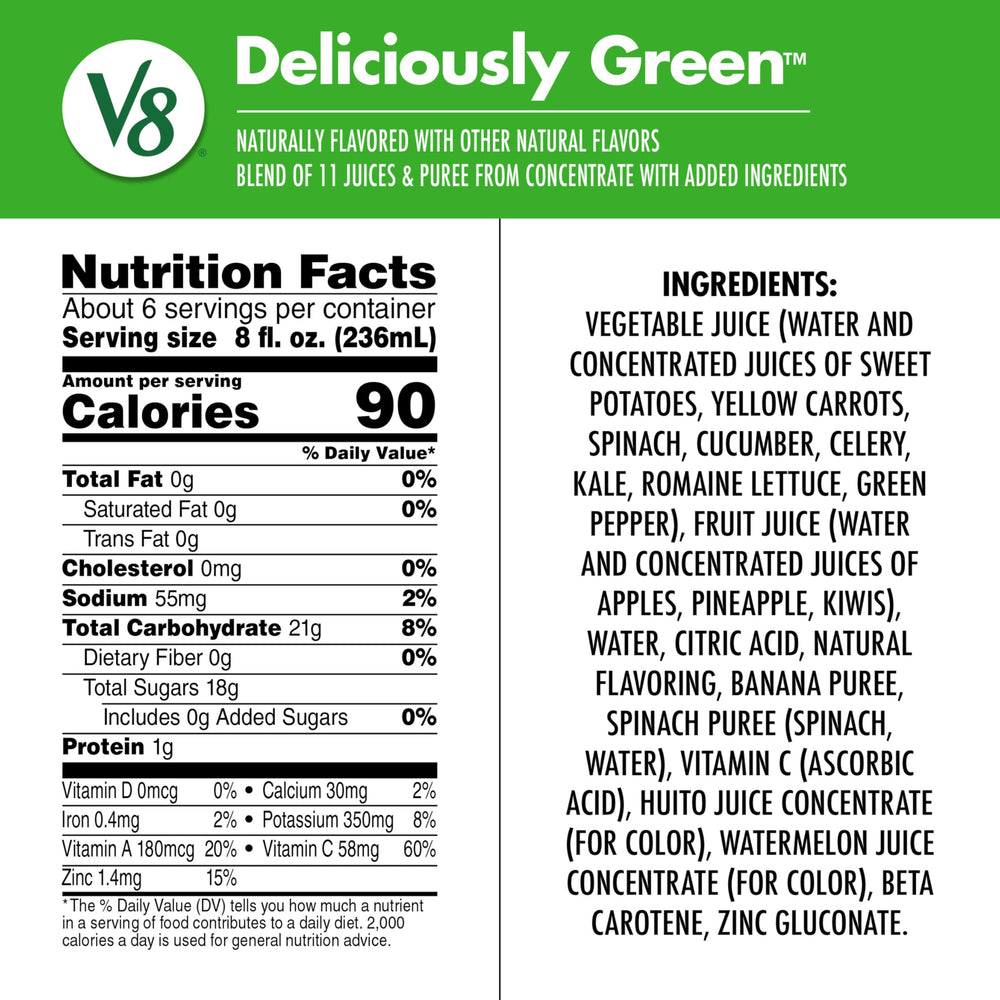 V8 Deliciously Green being poured into a glass for a refreshing snack.
