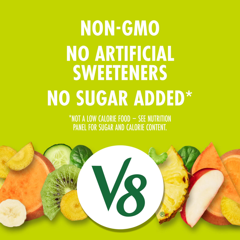 V8 Deliciously Green served in a glass with straw, great for post-workout hydration.