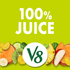V8 Deliciously Green ingredients close-up, featuring cucumber and spinach.