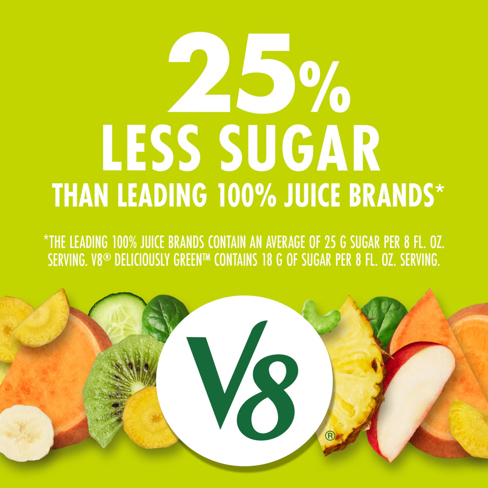 V8 Deliciously Green label close-up, highlighting gluten-free and non-GMO claims.