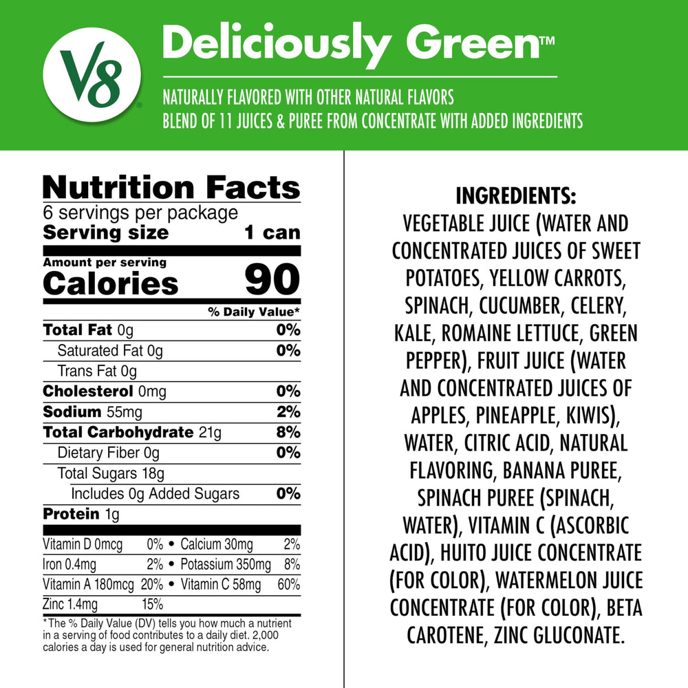 V8 Deliciously Green nutrition panel highlights vitamins and sugar comparisons.