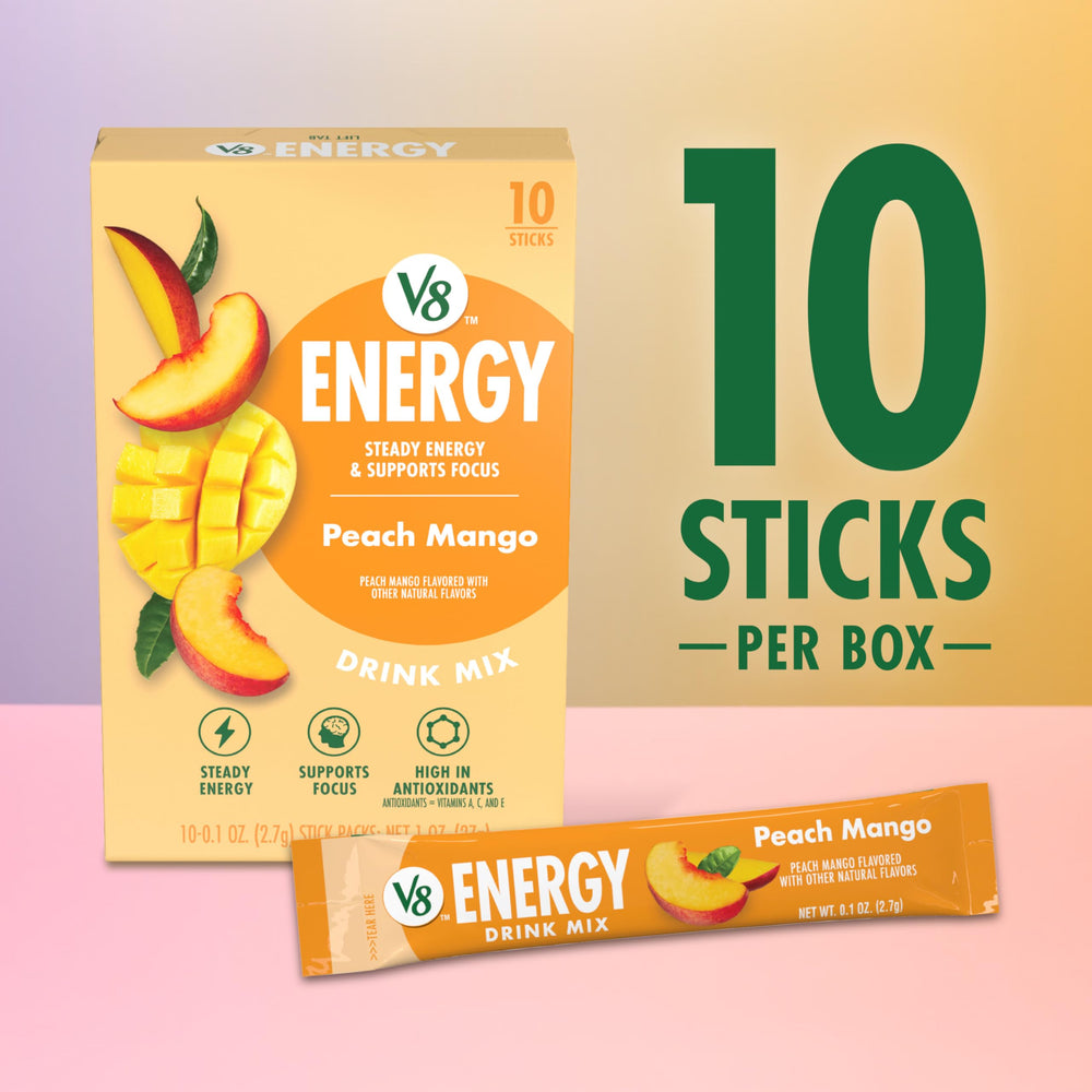 V8 Energy Peach Mango box with 120 packets demonstrates value for daily energy.