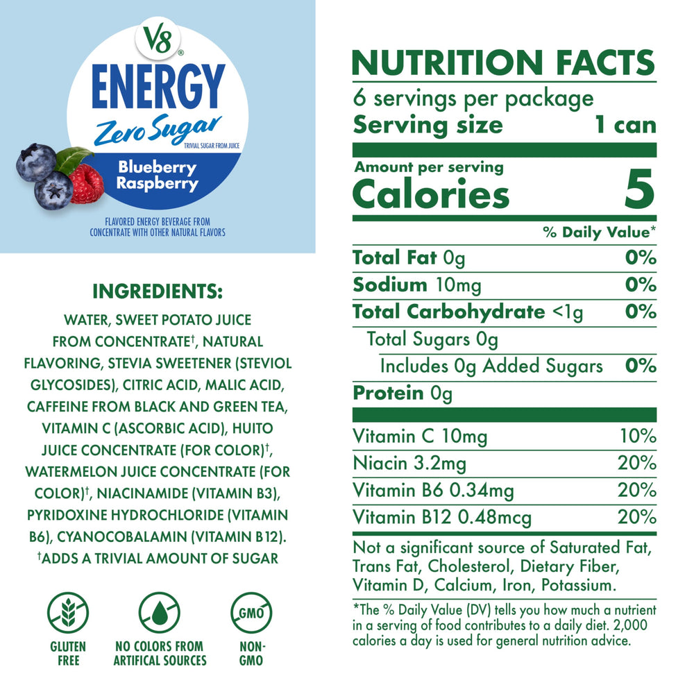 V8 Energy 80mg caffeine can close-up showing energizing boost for focus