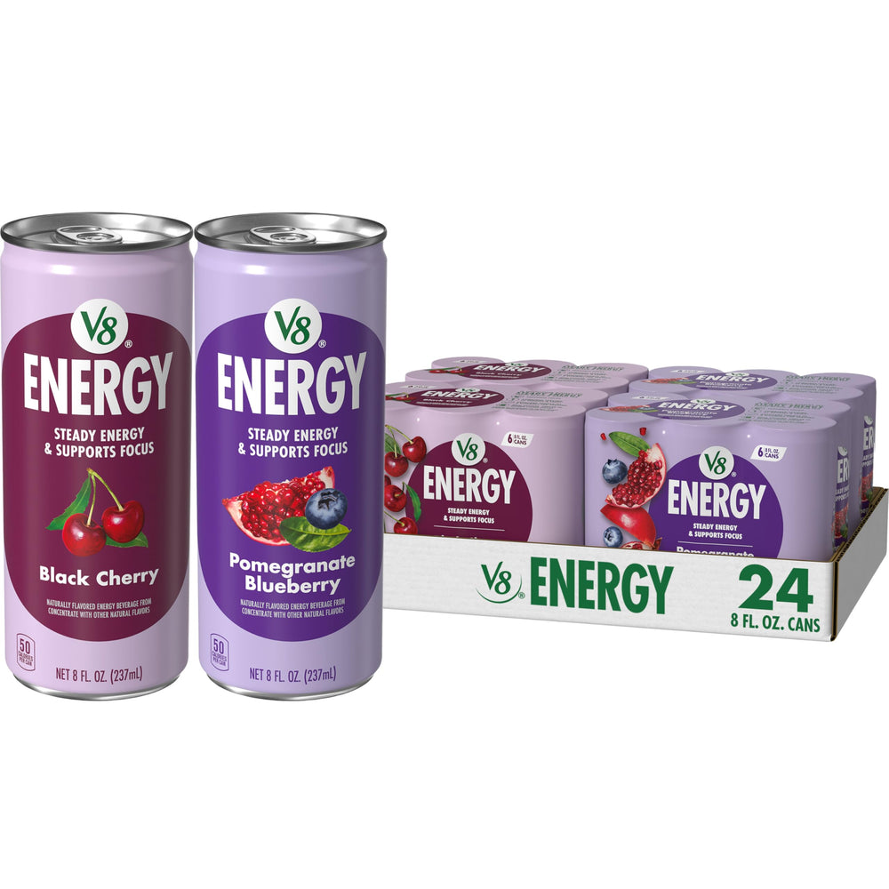 V8 Energy Black Cherry bottle showing a fruity pick-me-up for on-the-go focus.
