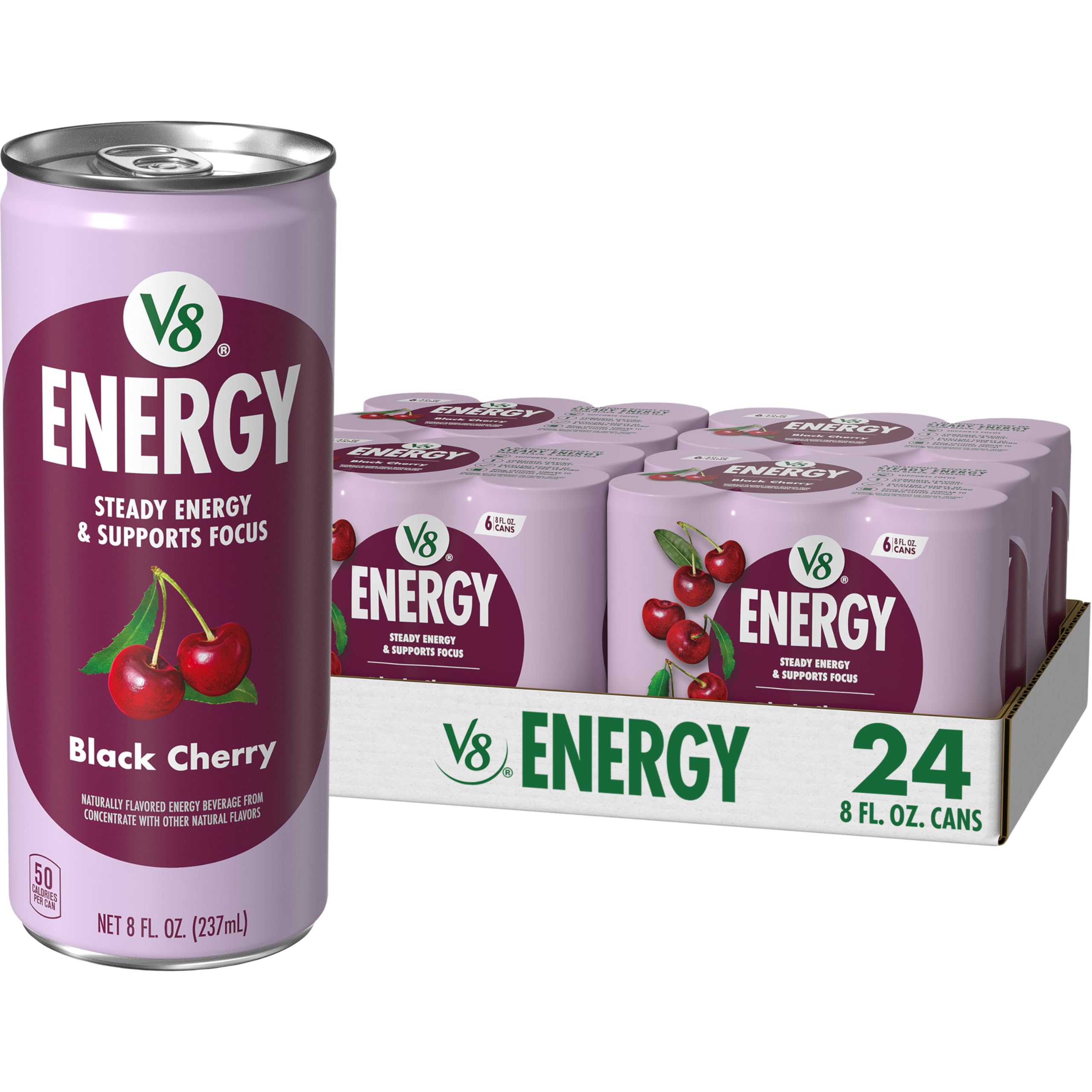 V8 Energy Black Cherry can front view highlighting bold flavor and 80 mg caffeine.
