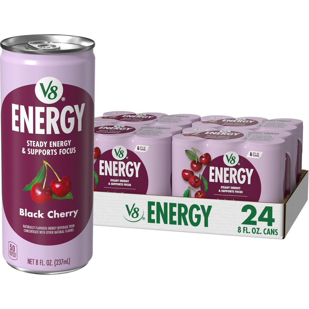 V8 Energy Black Cherry can front view highlighting bold flavor and 80 mg caffeine.
