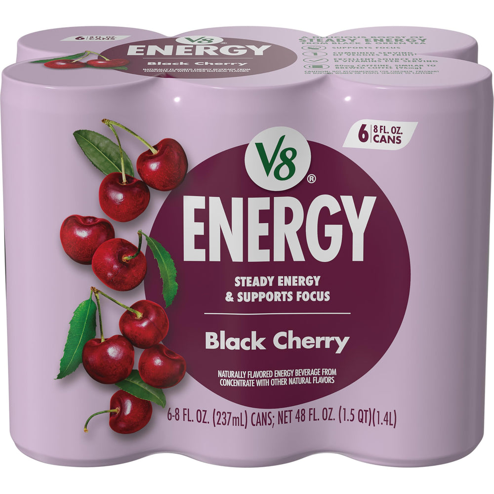 V8 Energy Black Cherry 6-pack on shelf for on-the-go mornings