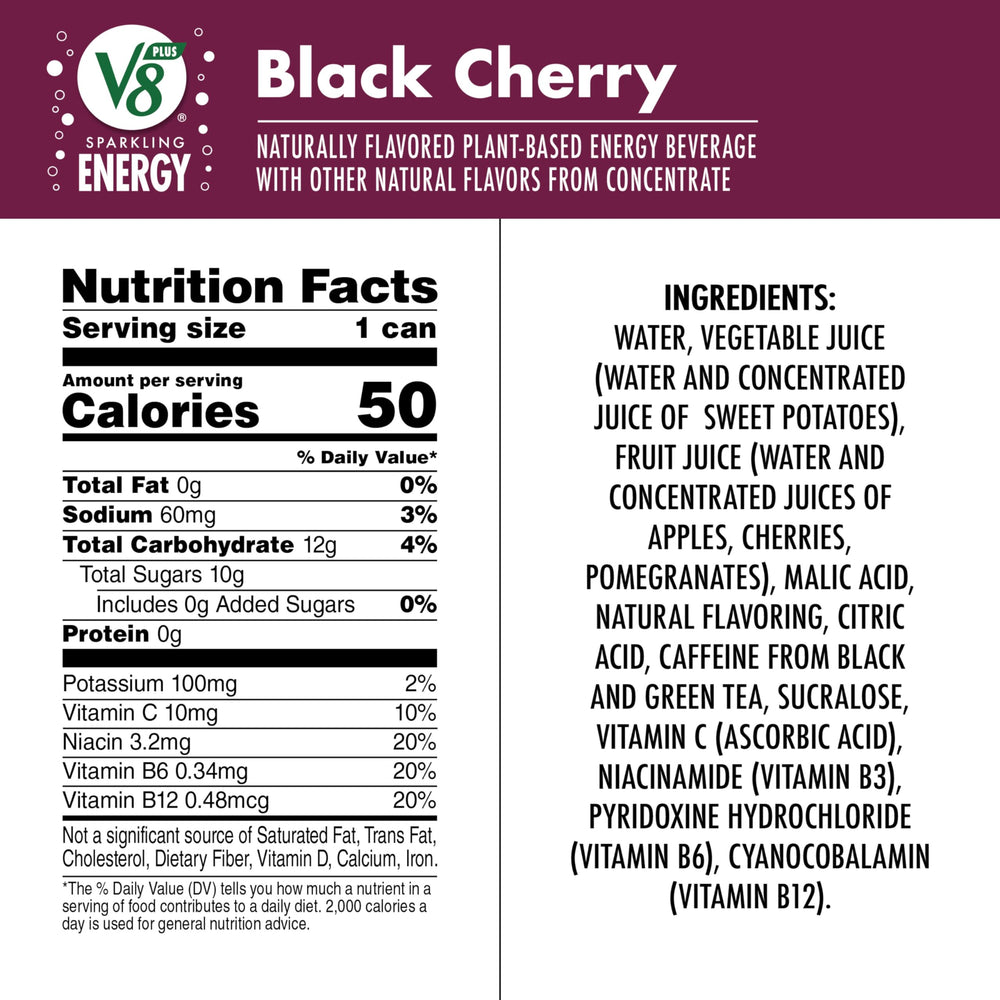 Close-up of V8 +ENERGY Black Cherry, showcasing flavor and natural caffeine boost.