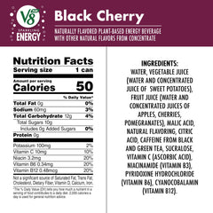Close-up of V8 +ENERGY Black Cherry, showcasing flavor and natural caffeine boost.