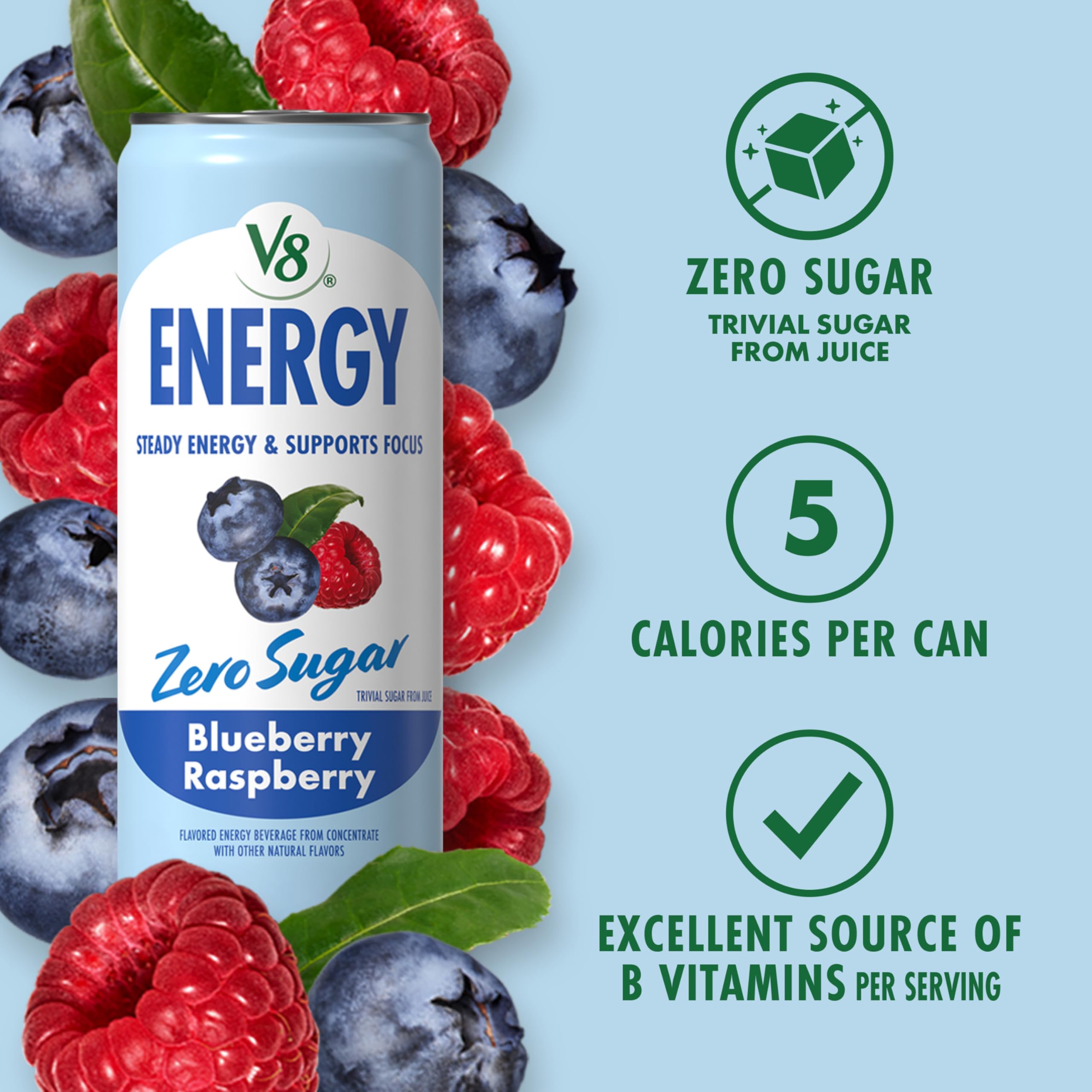 V8 Energy Blueberry Raspberry 12-pack displayed on shelf for on-the-go.