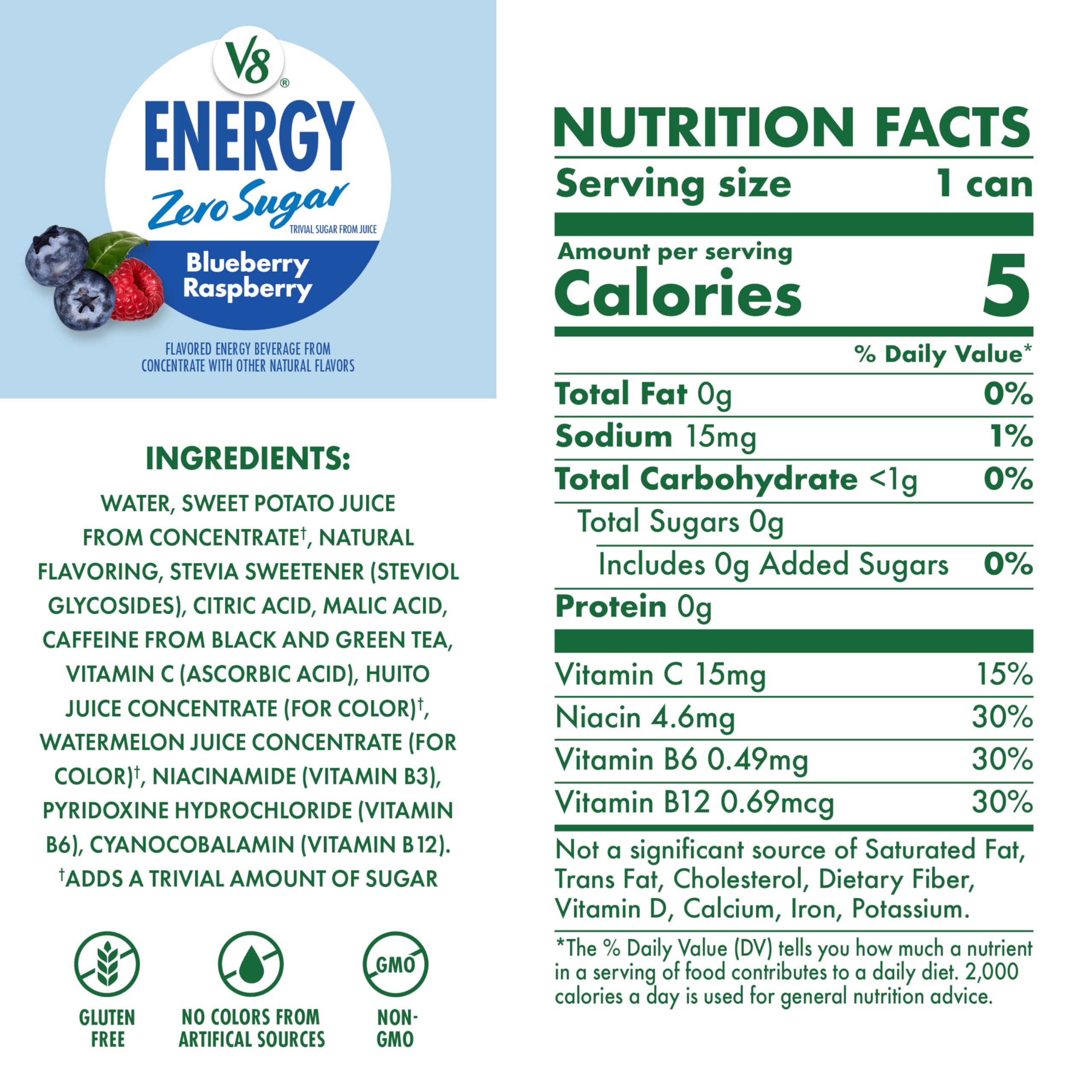 V8 Energy Blueberry Raspberry being poured shows fizz and steady energy.