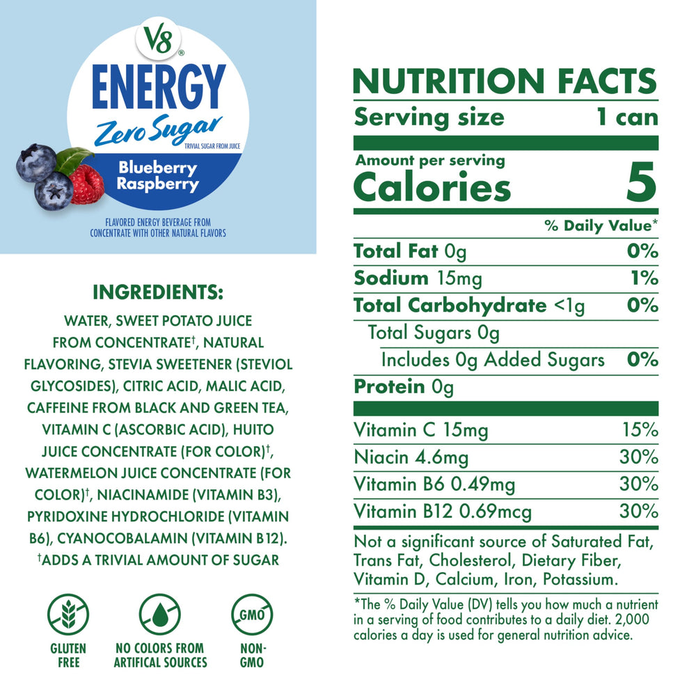 V8 Energy Blueberry Raspberry being poured shows fizz and steady energy.