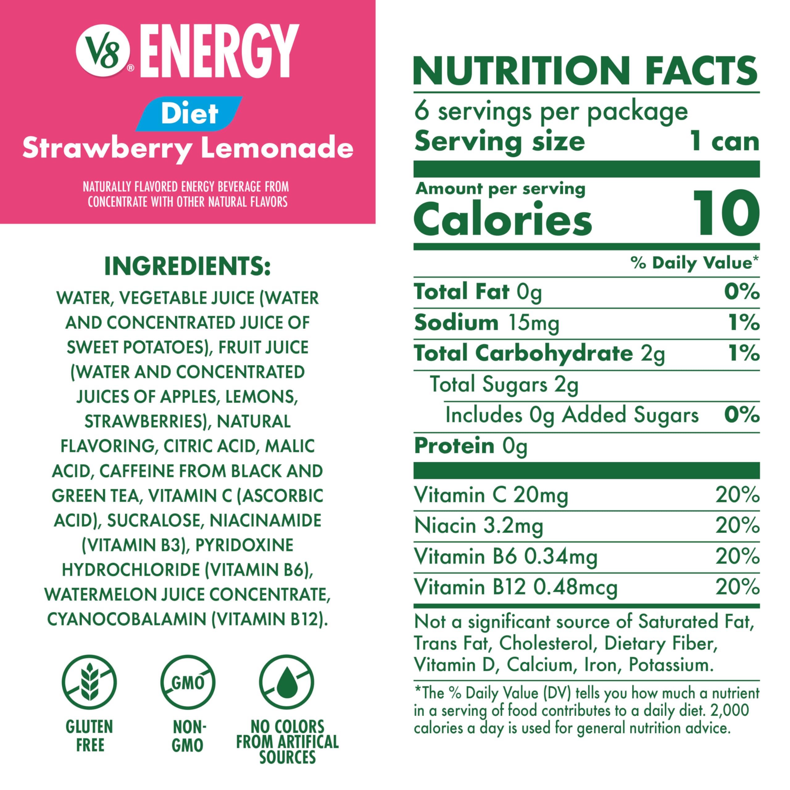 V8 Energy Diet Strawberry Lemonade can back label with caffeine and nutrition details