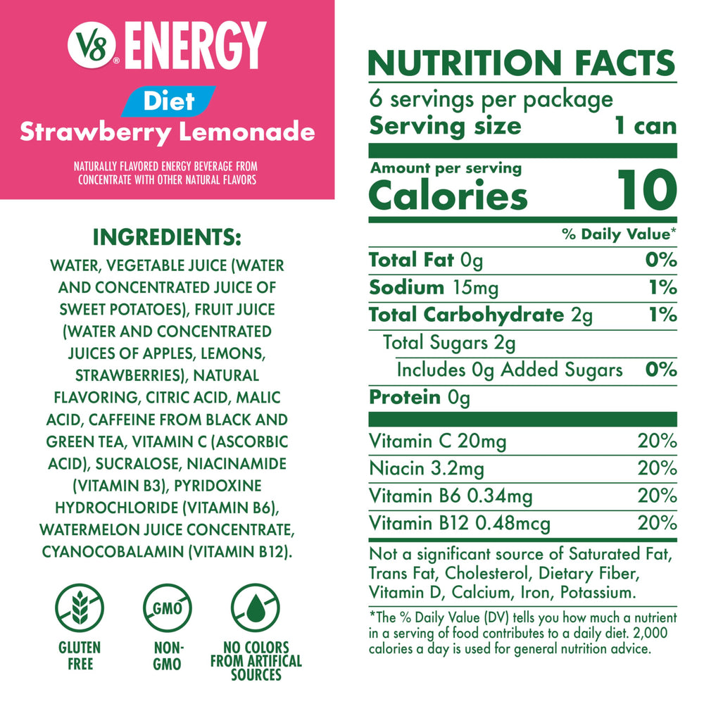 V8 Energy Diet Strawberry Lemonade can back label with caffeine and nutrition details