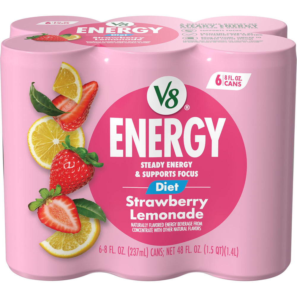 V8 Energy Diet Strawberry Lemonade can front view, convenient caffeine boost