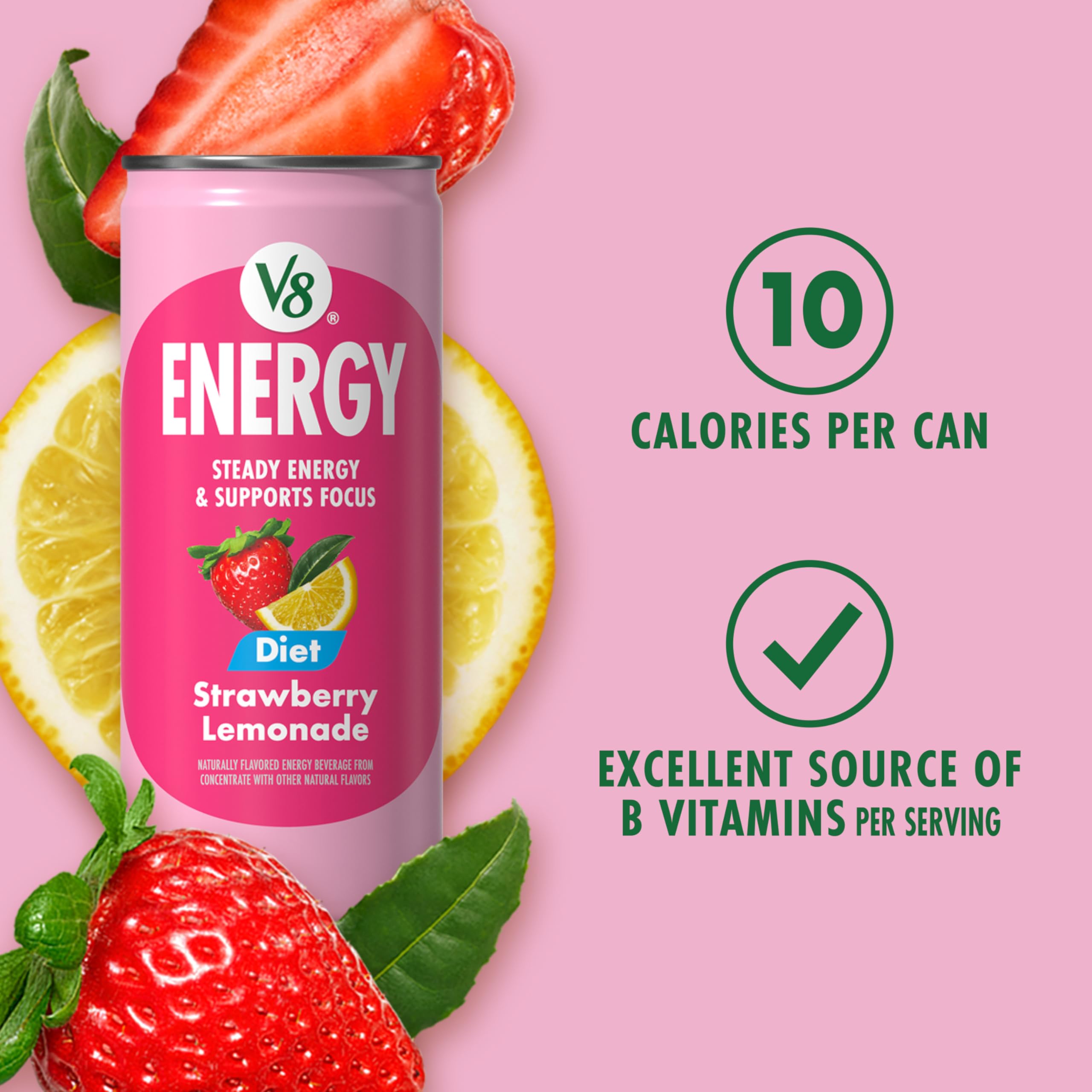 V8 Energy Diet Strawberry Lemonade bottle label highlights gluten-free and non-GMO benefits