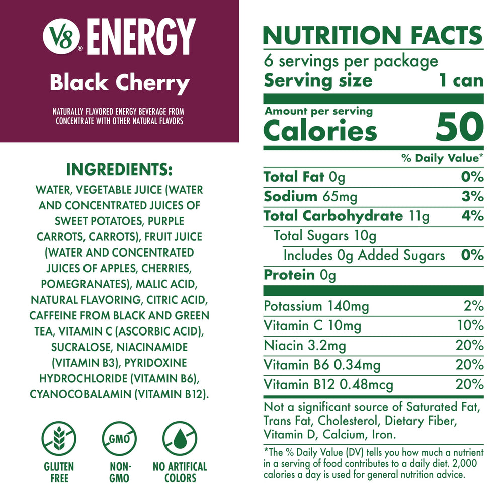V8 Energy non-GMO gluten-free blend with veggies and fruits
