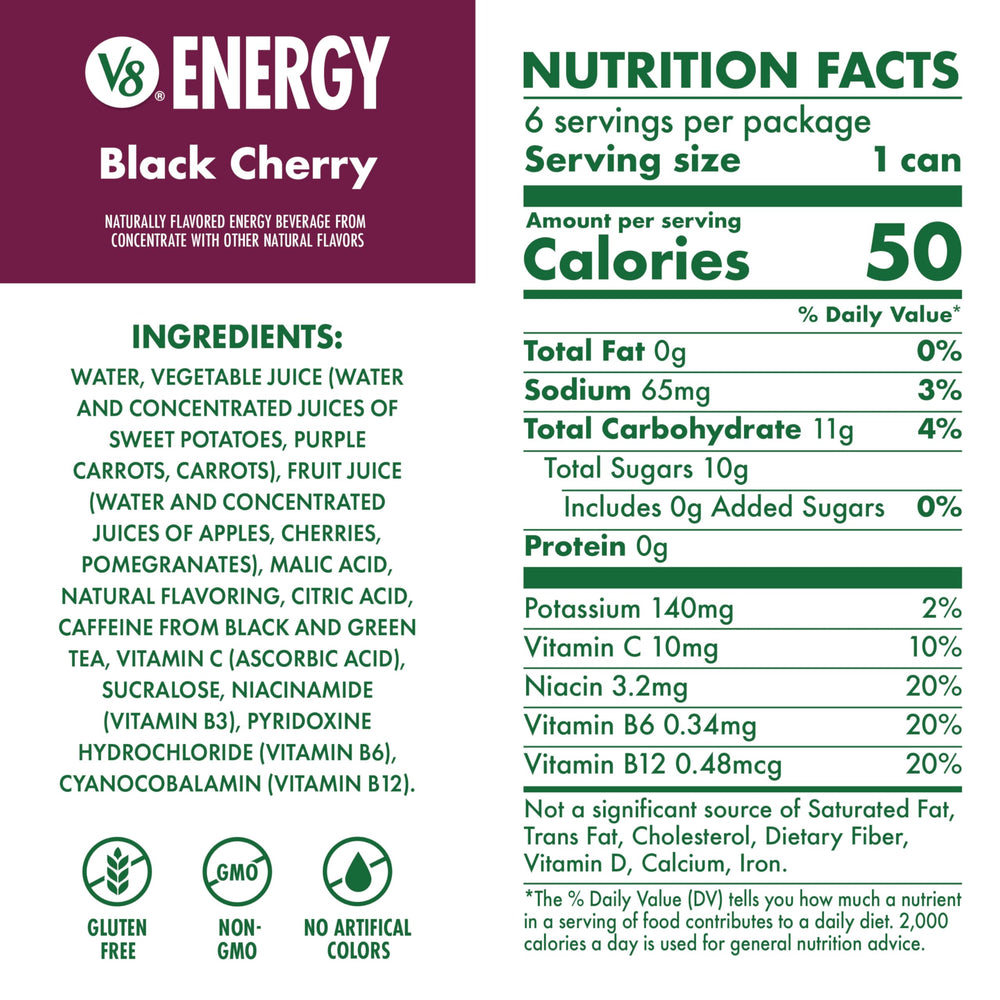 V8 Energy ingredients non-GMO label highlighted on product card.
