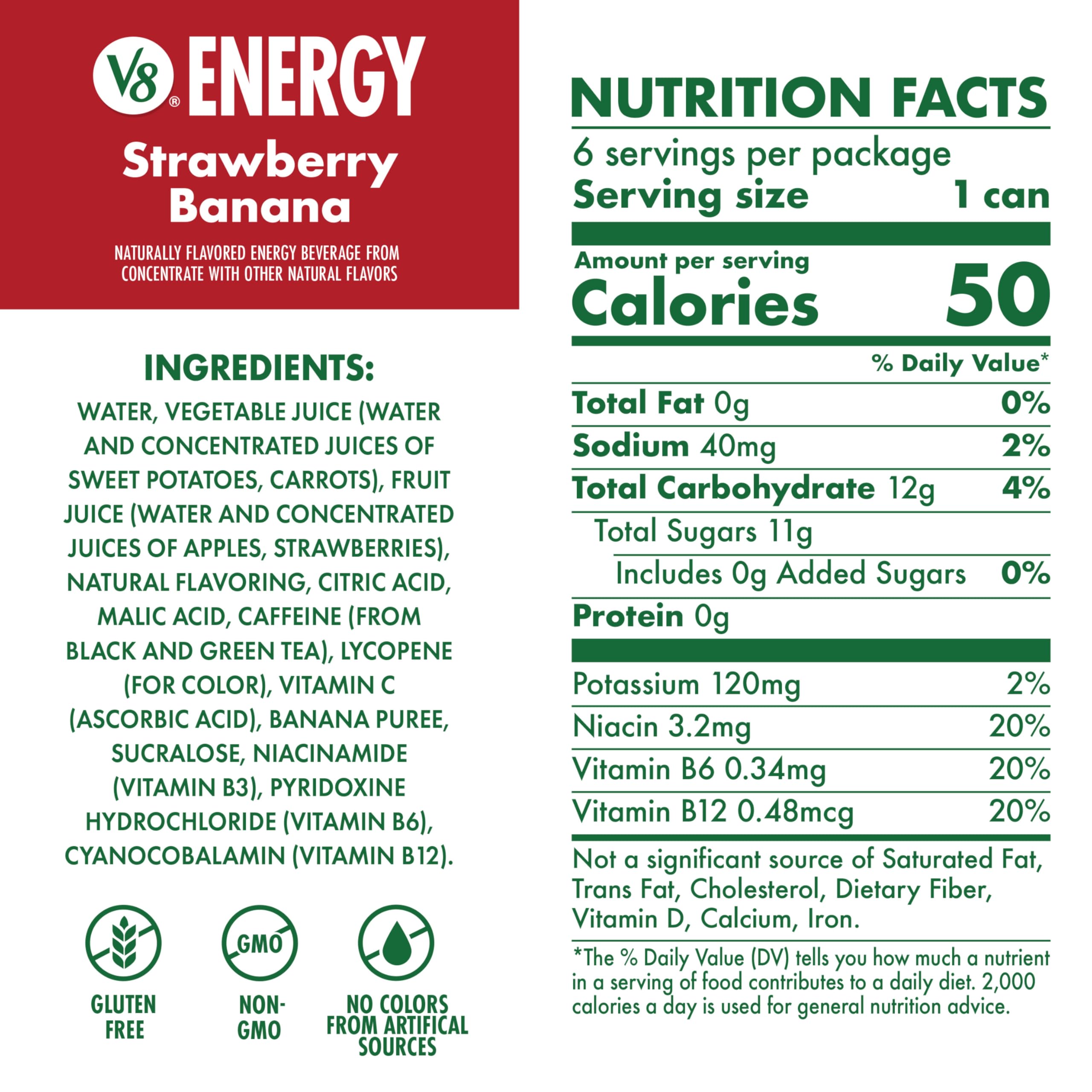 V8 +ENERGY bottle label shows blended vegetables and fruits for daily vitality